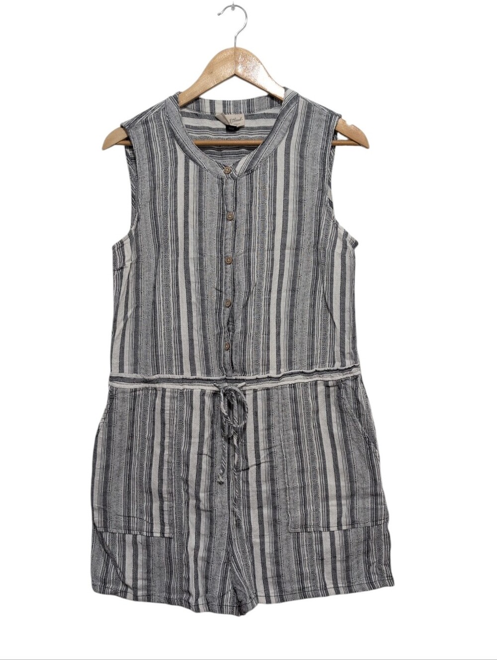 Universal Thread Grey White Striped Sleeveless Romper Size L Cotton Drawstring
